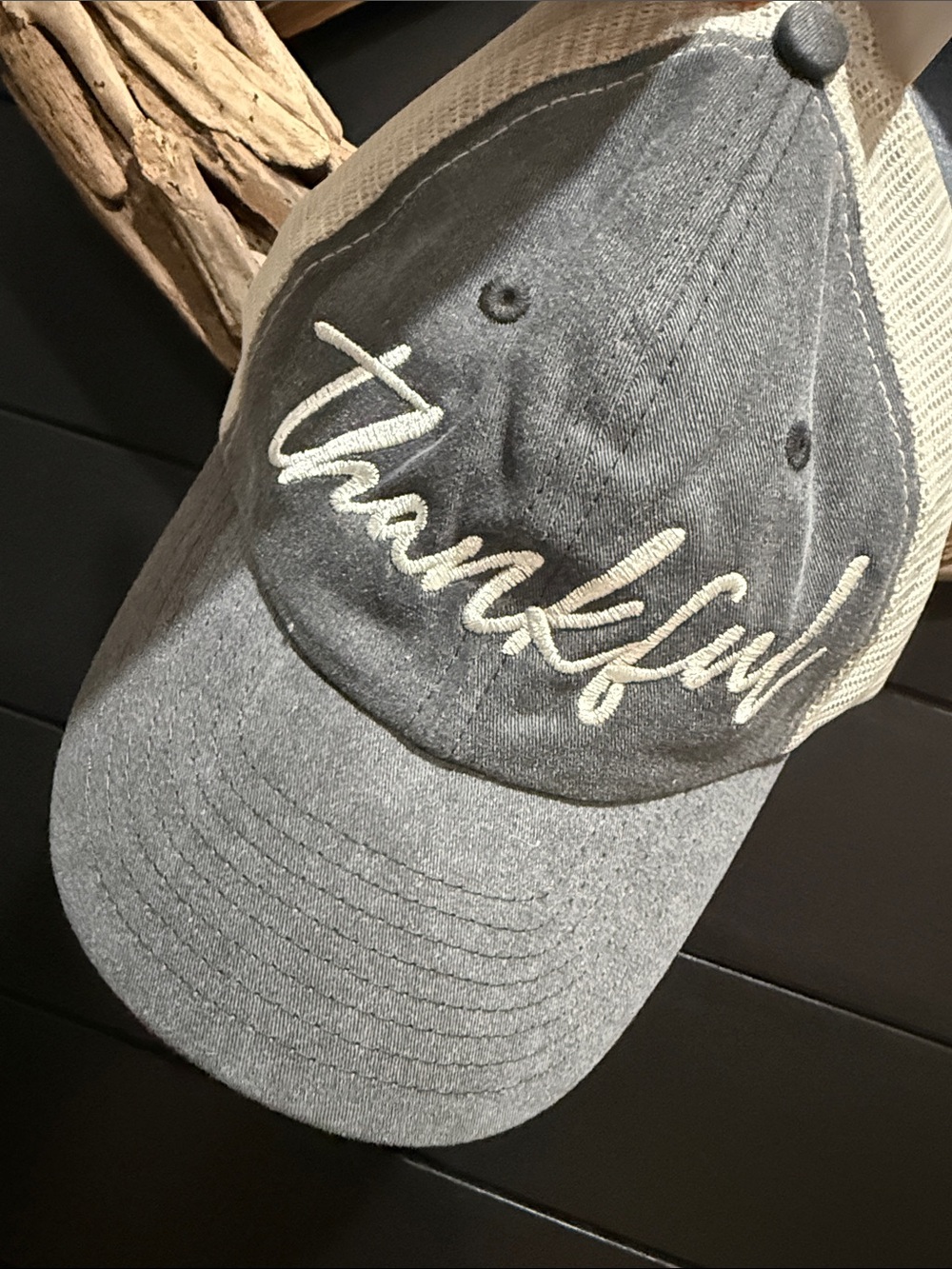 Thankful Embroidered Trucker Hat - Gray and Cream